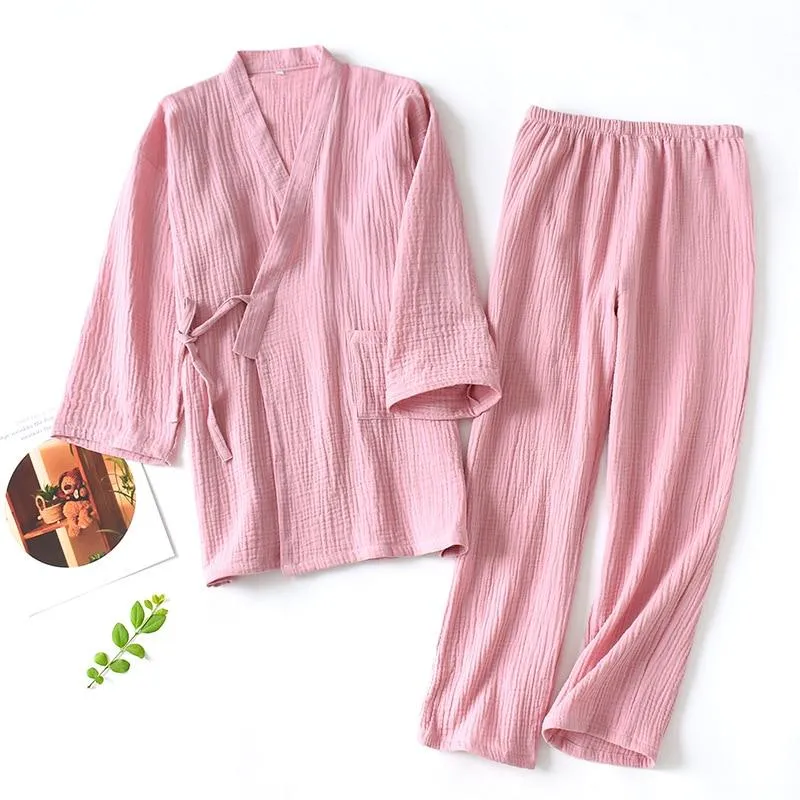 2023 Japanese Kimono Set 100%Cotton Pajamas Two-piece Couple Yukata Loose Women's Sweat Steaming Suit Home Service Set