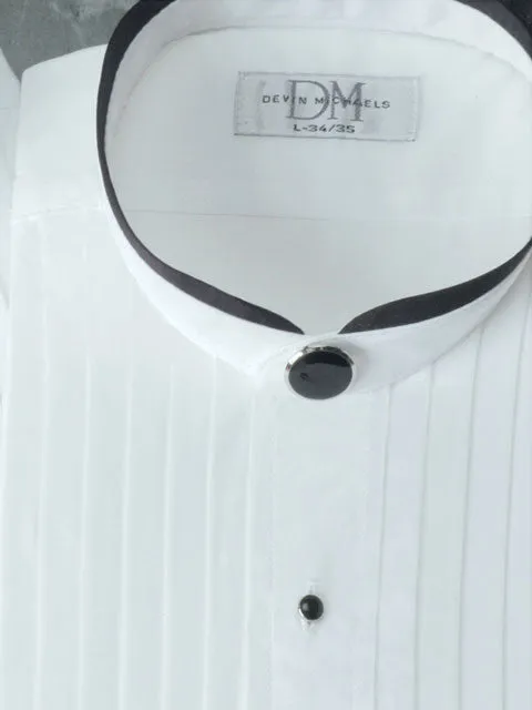 Banded Collar Pleated Tuxedo Shirt with Black Satin Trim