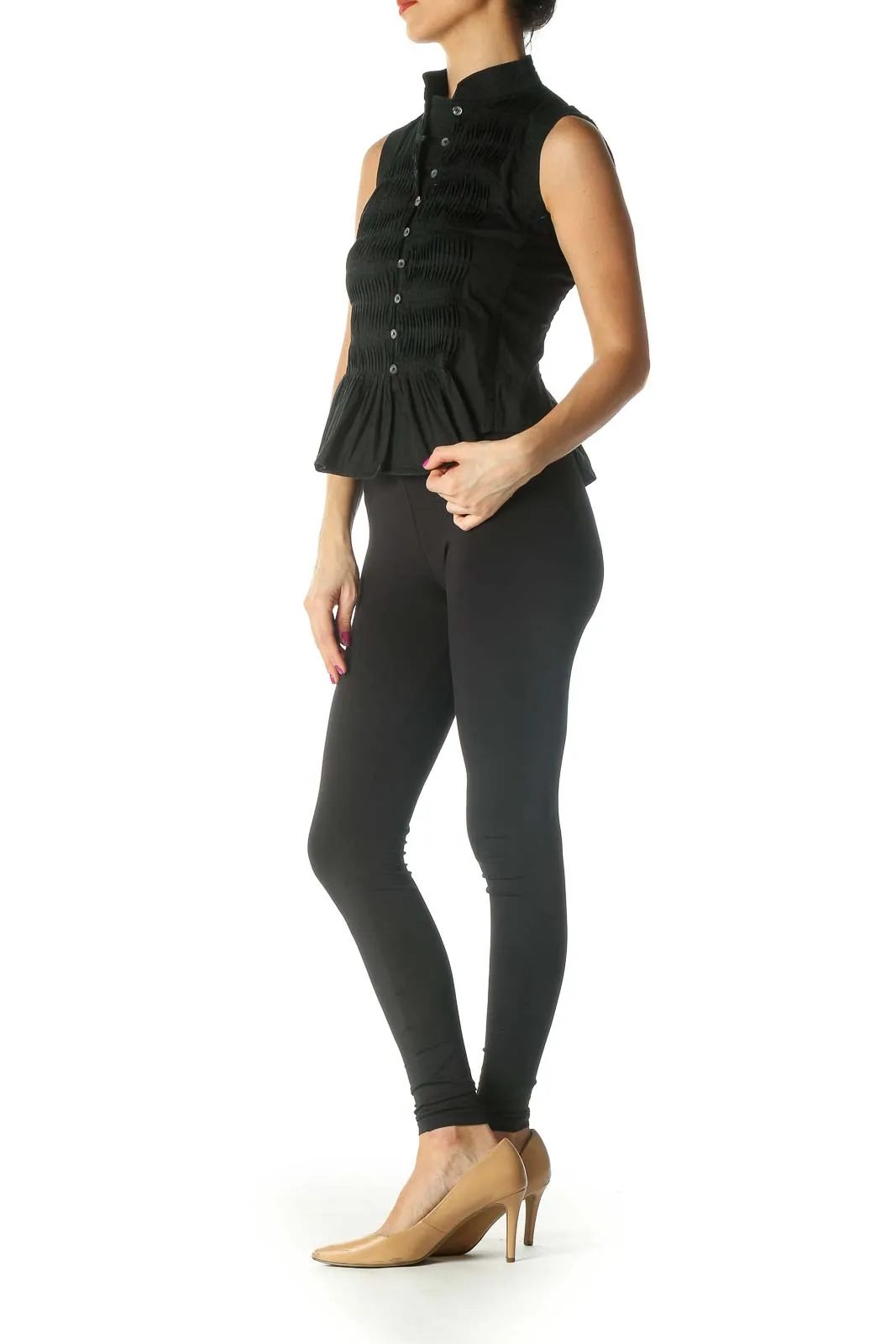 Black Pleated Peplum Retro Shirt