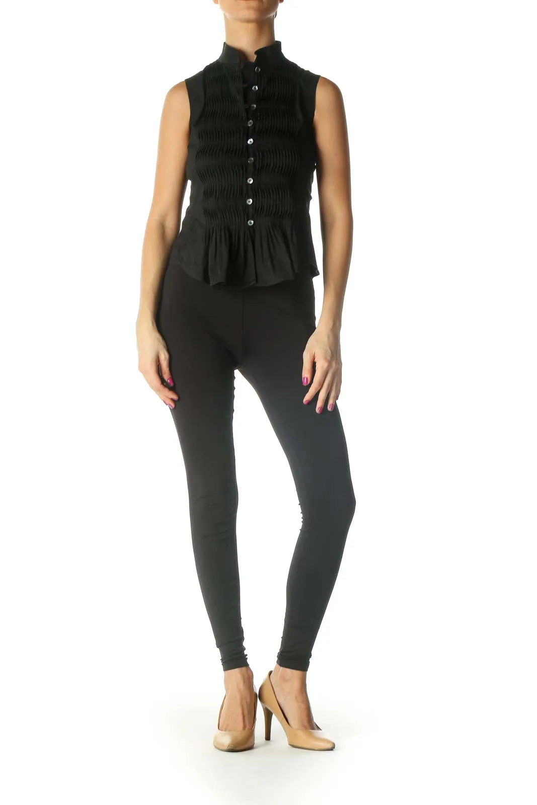 Black Pleated Peplum Retro Shirt
