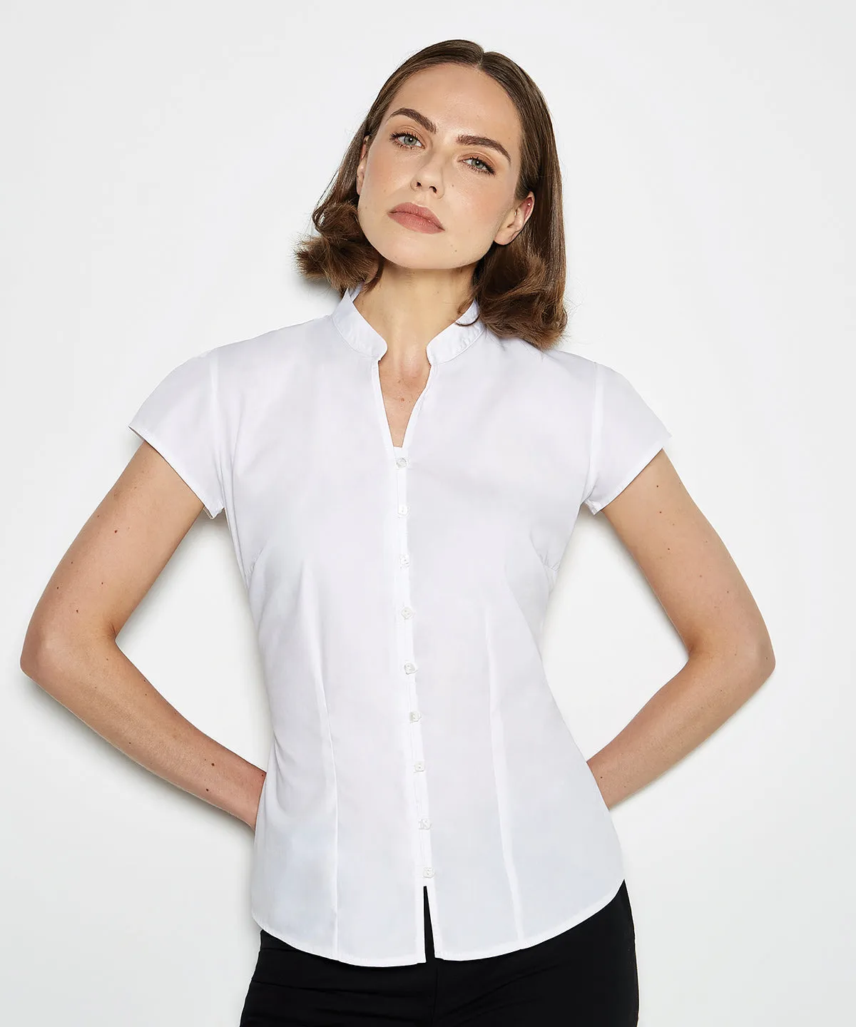 Black - Women's continental blouse mandarin collar cap sleeve (tailored fit)
