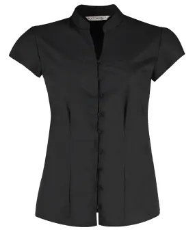 Black - Women's continental blouse mandarin collar cap sleeve (tailored fit)