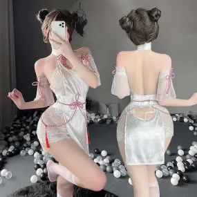 Blossom Embroidery Drawstring Halter Cheongsam Dress Lingerie