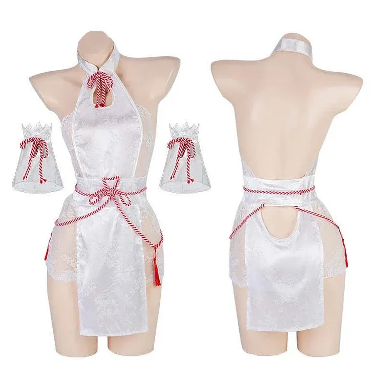 Blossom Embroidery Drawstring Halter Cheongsam Dress Lingerie