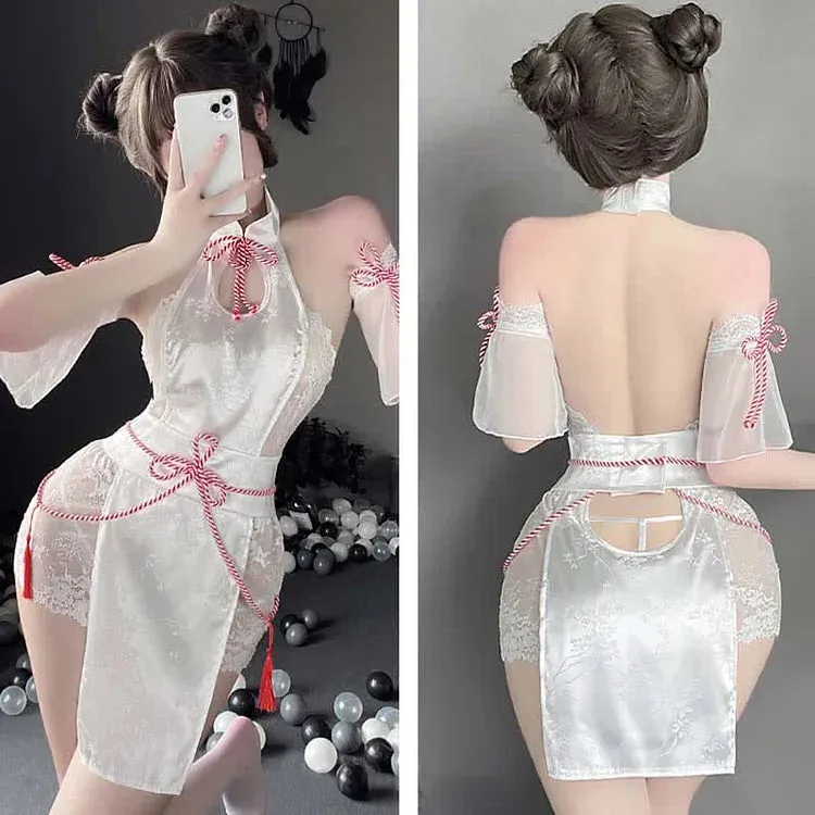 Blossom Embroidery Drawstring Halter Cheongsam Dress Lingerie