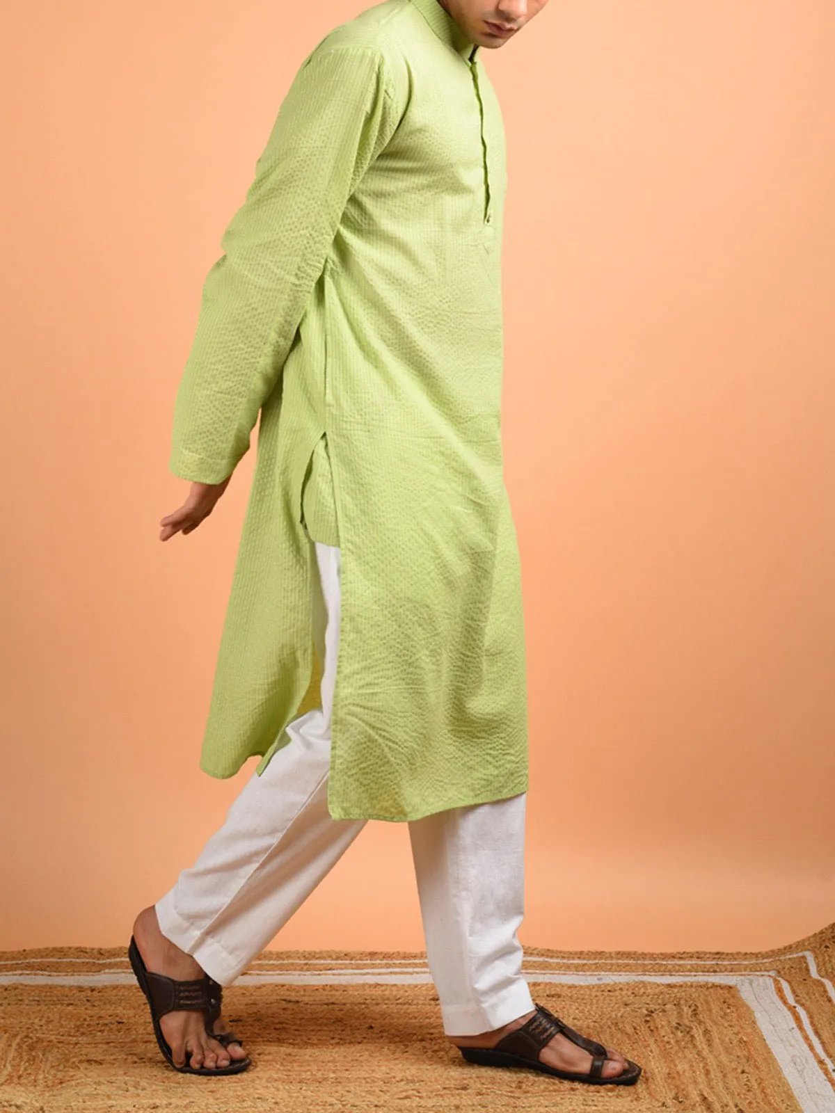 Cotton Kantha Weaved Men's Kurta Pista Green