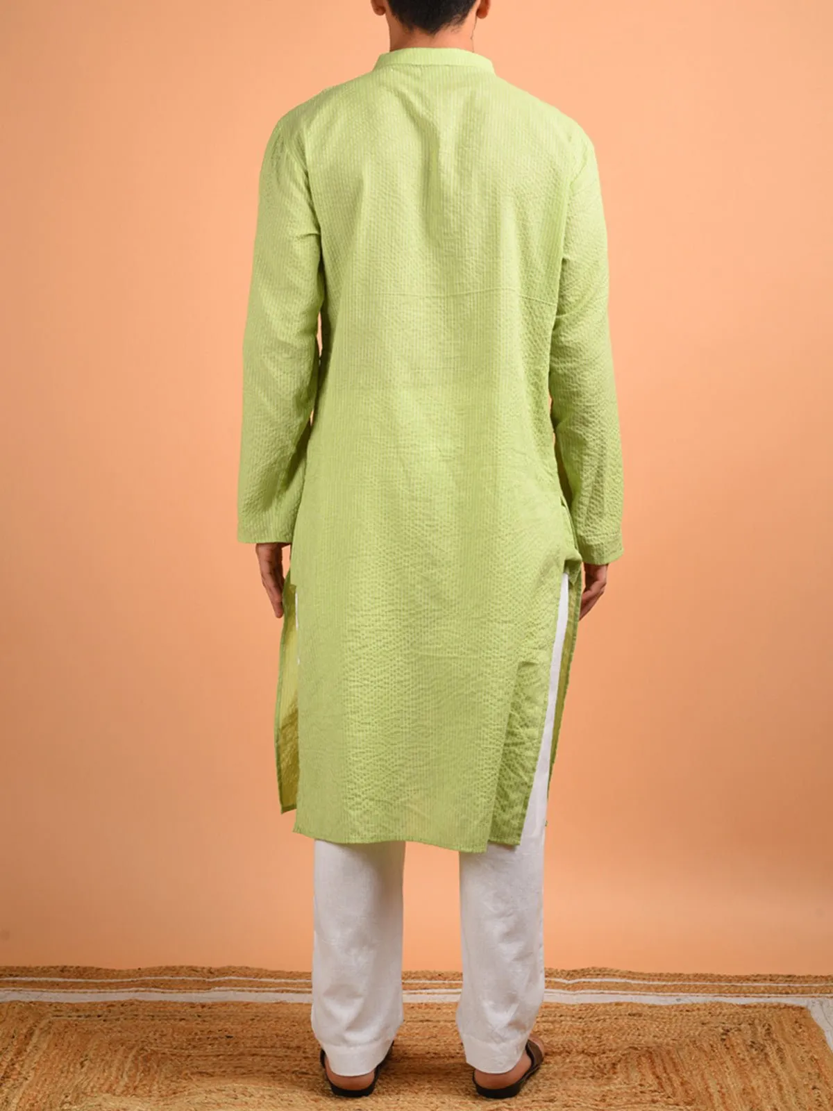 Cotton Kantha Weaved Men's Kurta Pista Green