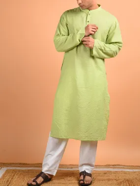 Cotton Kantha Weaved Men's Kurta Pista Green
