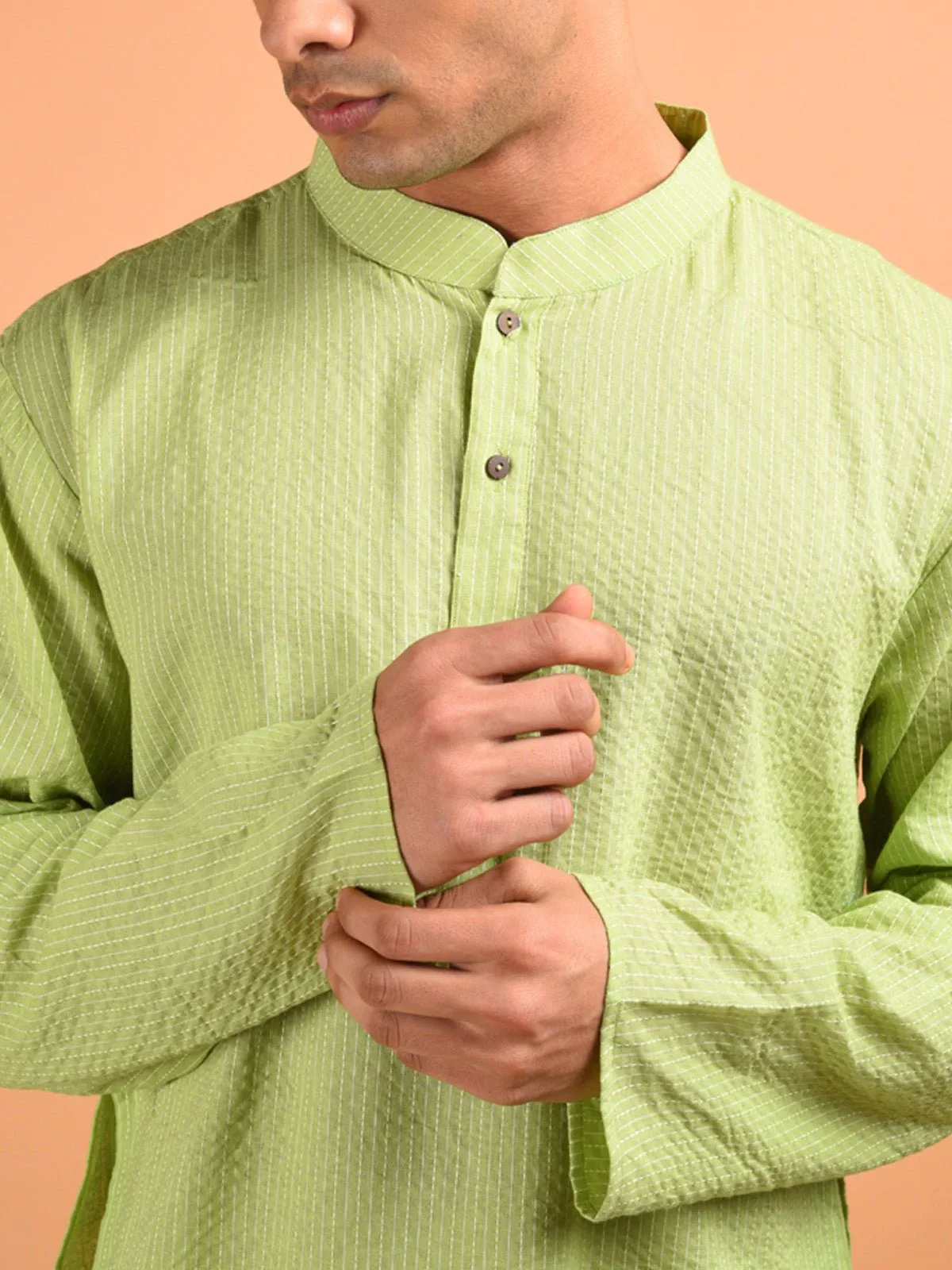 Cotton Kantha Weaved Men's Kurta Pista Green