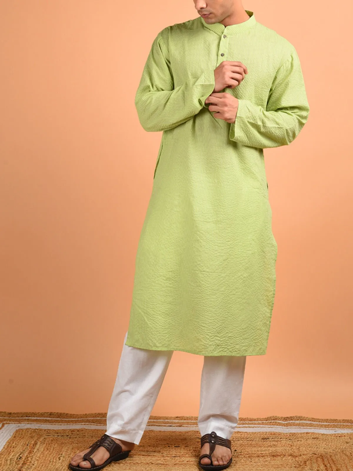 Cotton Kantha Weaved Men's Kurta Pista Green