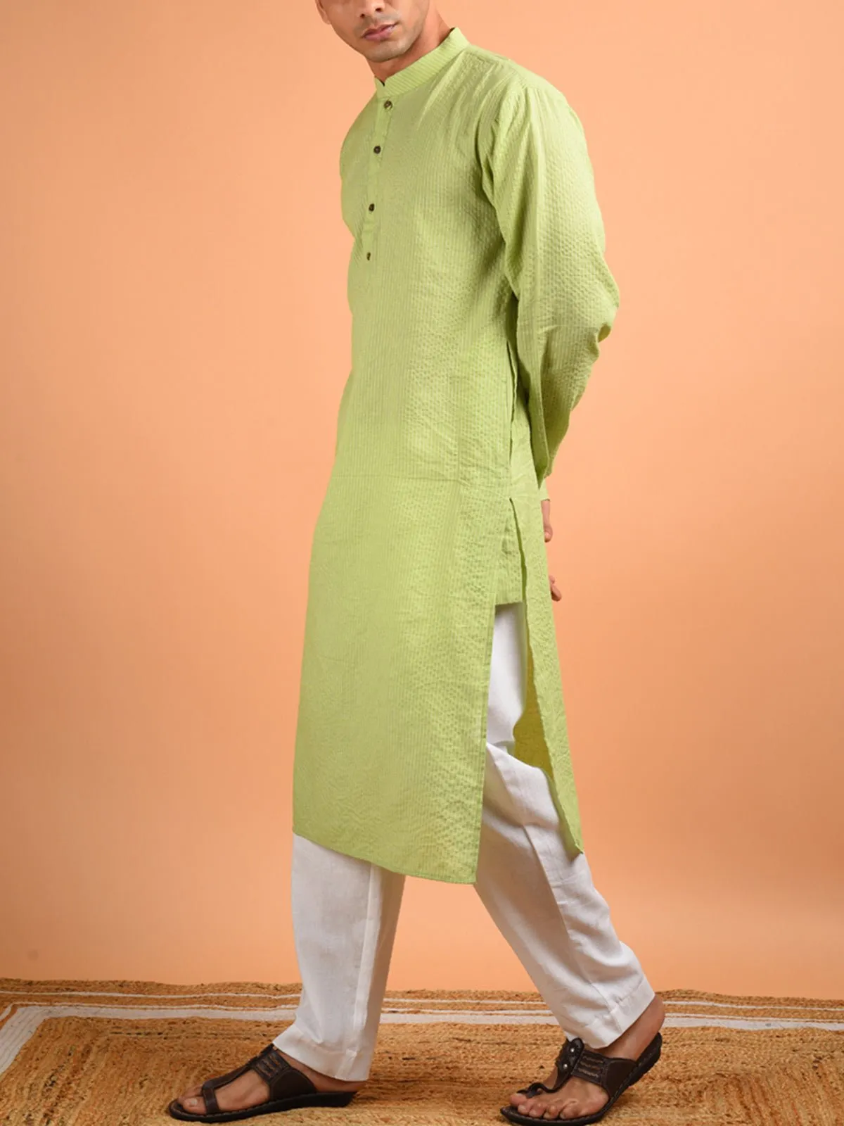 Cotton Kantha Weaved Men's Kurta Pista Green