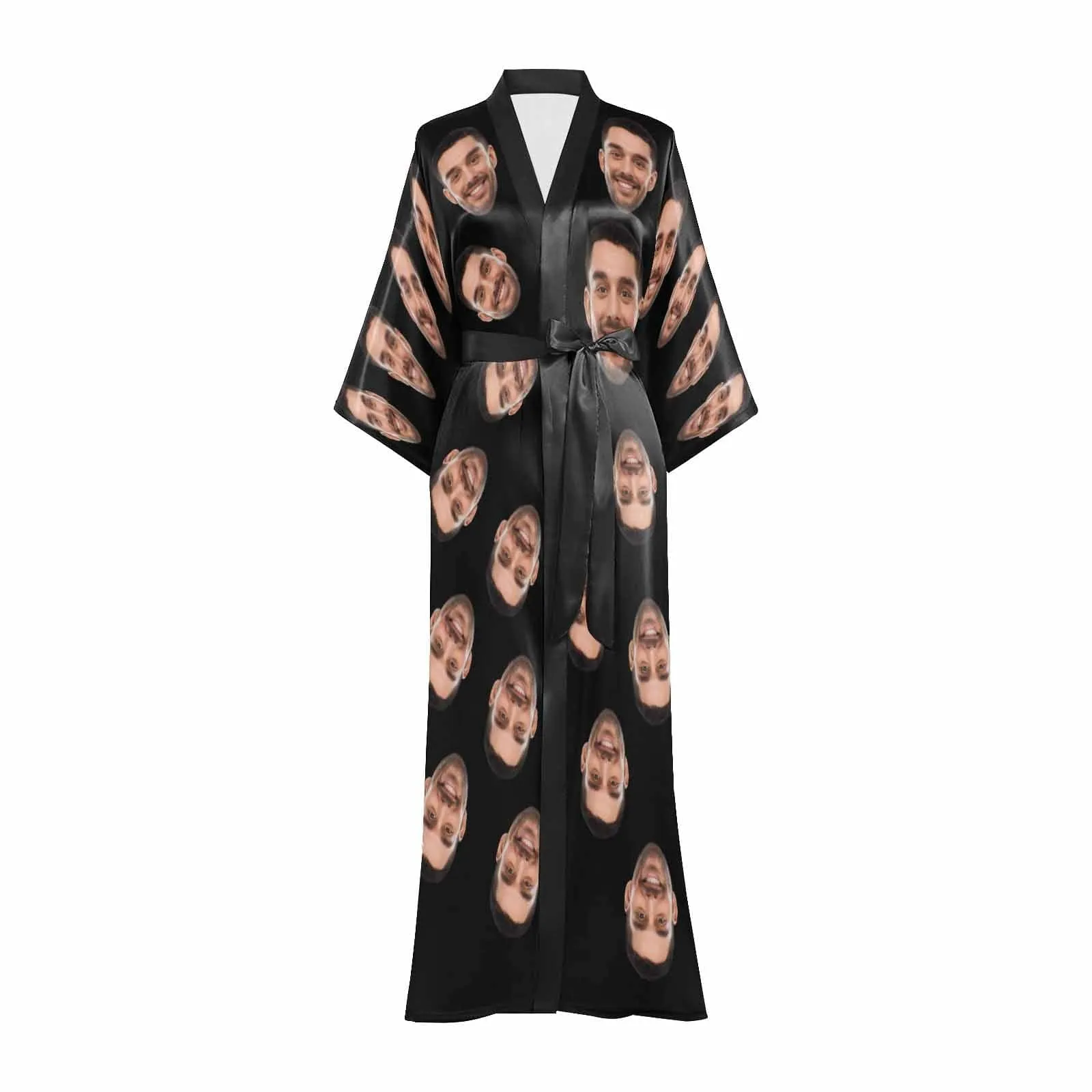 Custom Face Black Women's Long Pajamas Personalized Photo Long Pajamas Kimono Robe