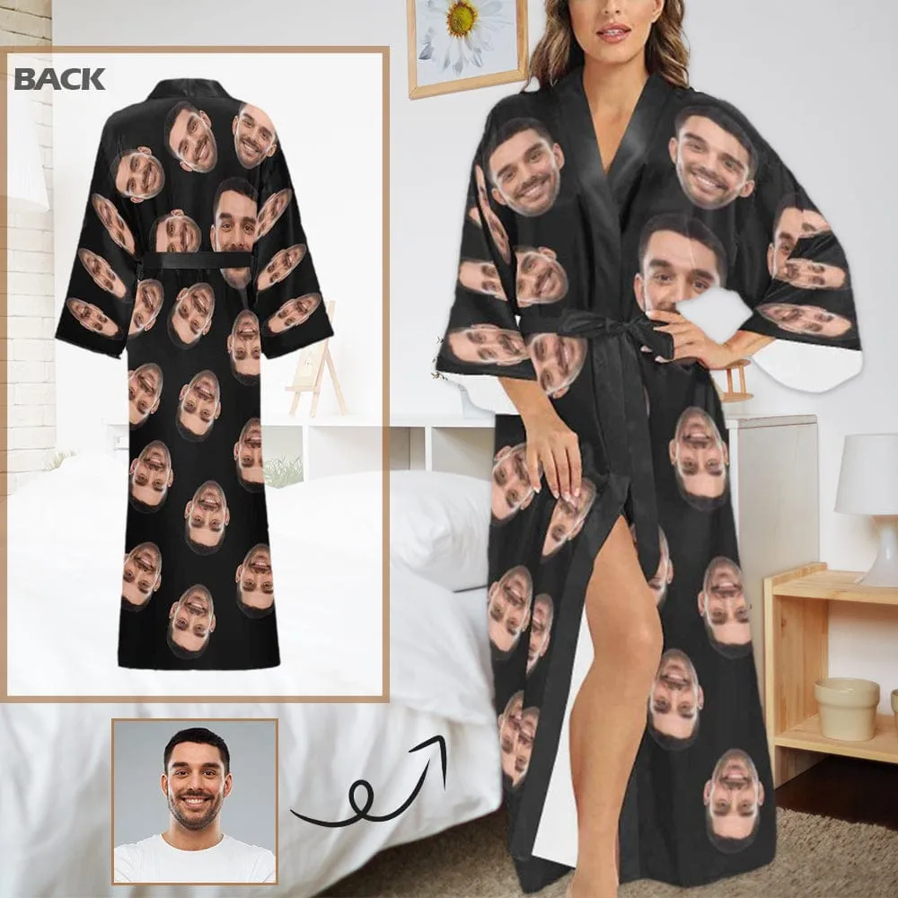 Custom Face Black Women's Long Pajamas Personalized Photo Long Pajamas Kimono Robe