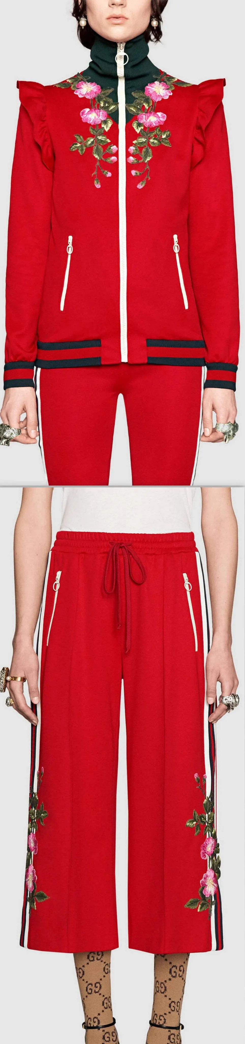 Embroidered Technical Jersey Jacket and Embroidered Wide Leg Jogging Pants, Red