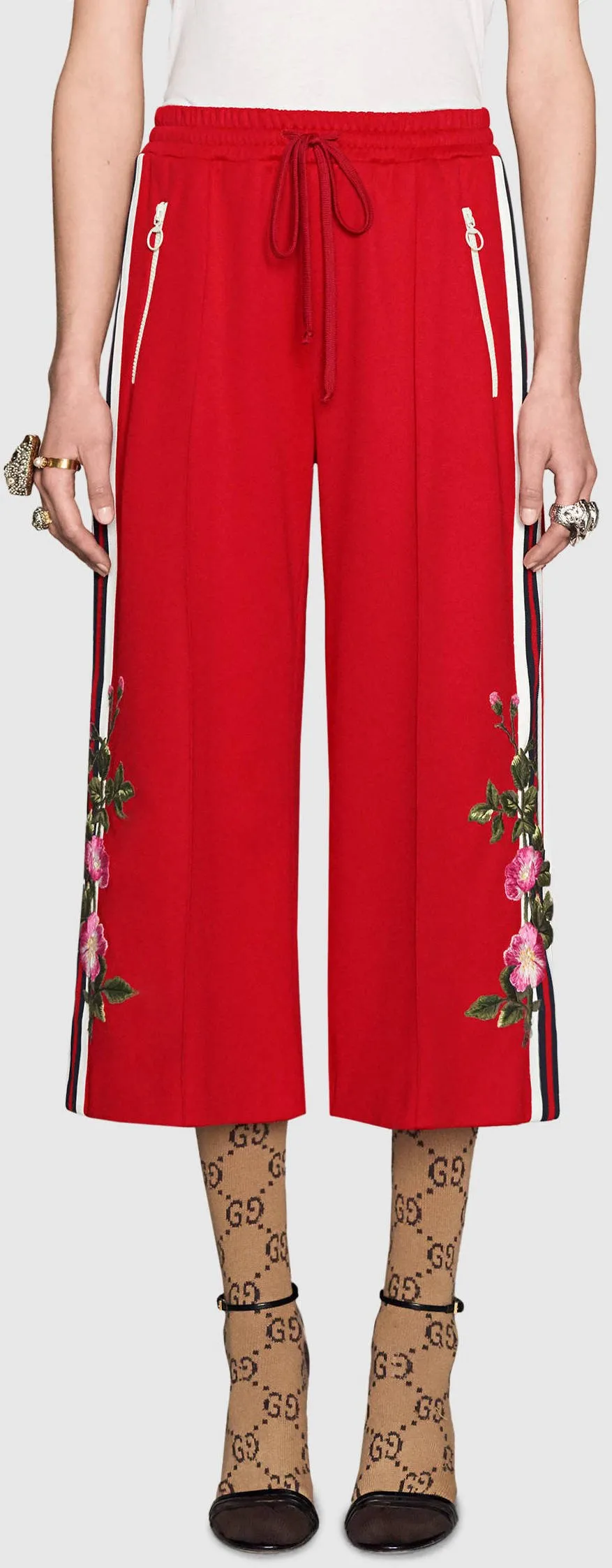 Embroidered Technical Jersey Jacket and Embroidered Wide Leg Jogging Pants, Red