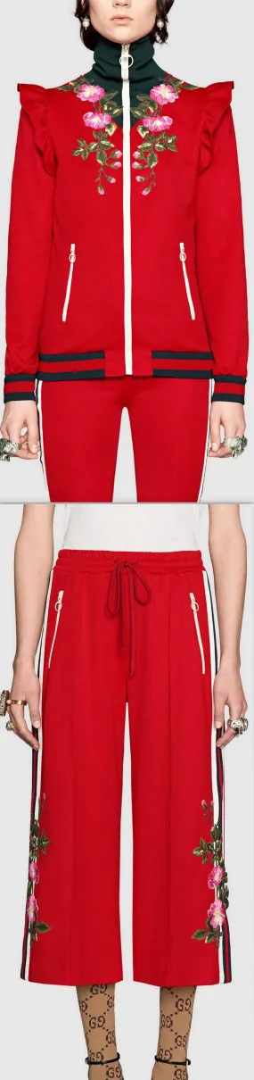 Embroidered Technical Jersey Jacket and Embroidered Wide Leg Jogging Pants, Red