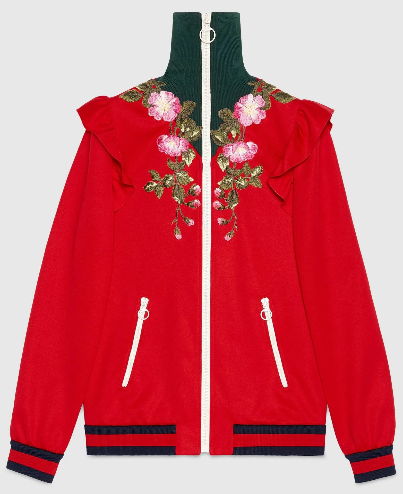 Embroidered Technical Jersey Jacket and Embroidered Wide Leg Jogging Pants, Red
