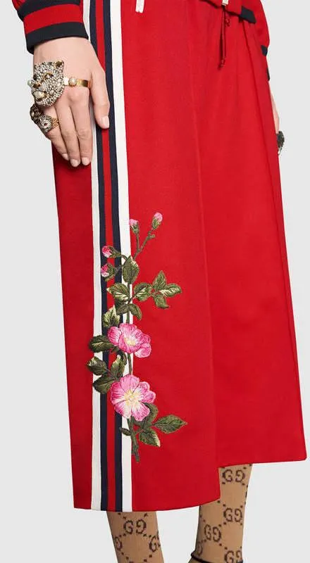 Embroidered Technical Jersey Jacket and Embroidered Wide Leg Jogging Pants, Red