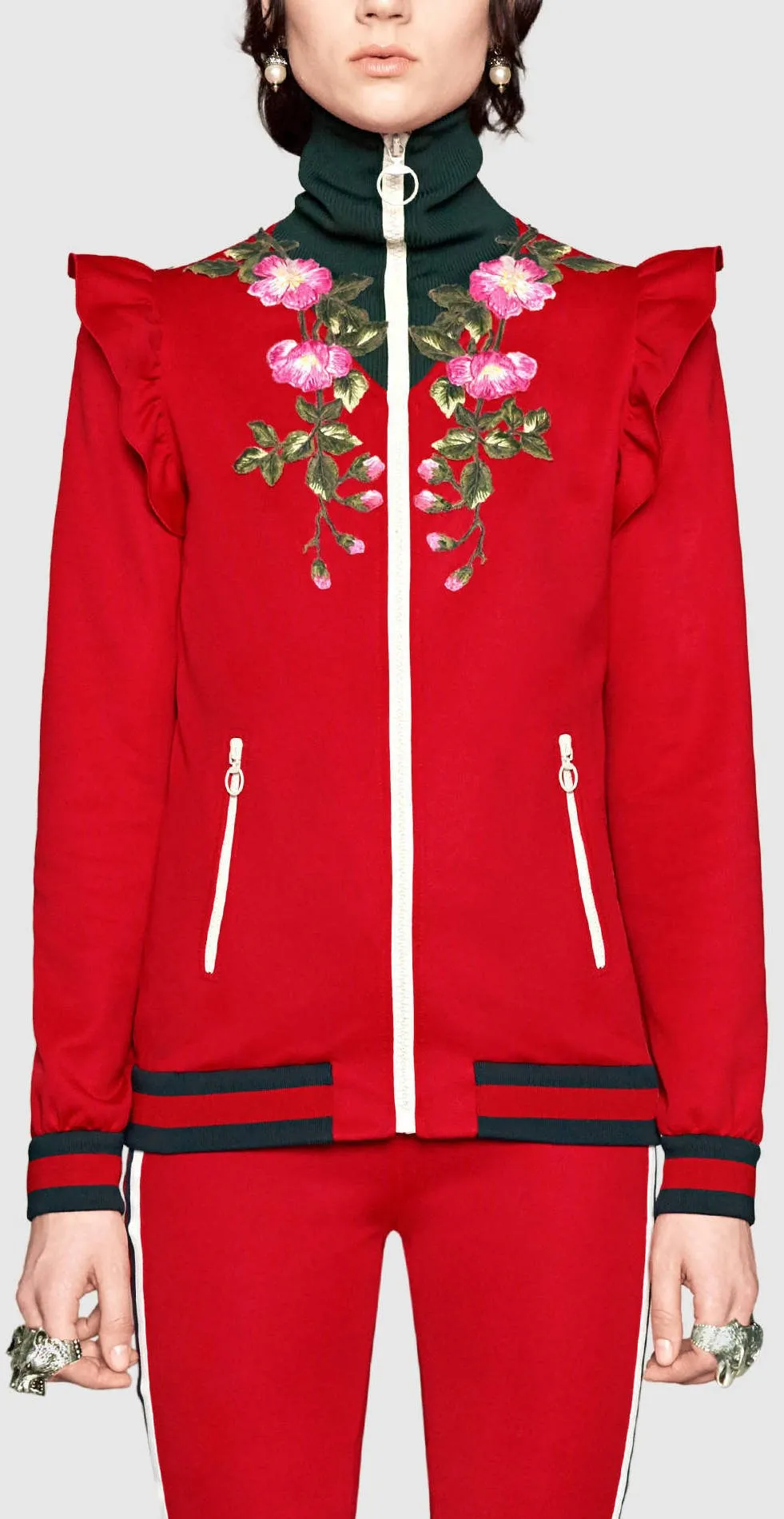 Embroidered Technical Jersey Jacket and Embroidered Wide Leg Jogging Pants, Red