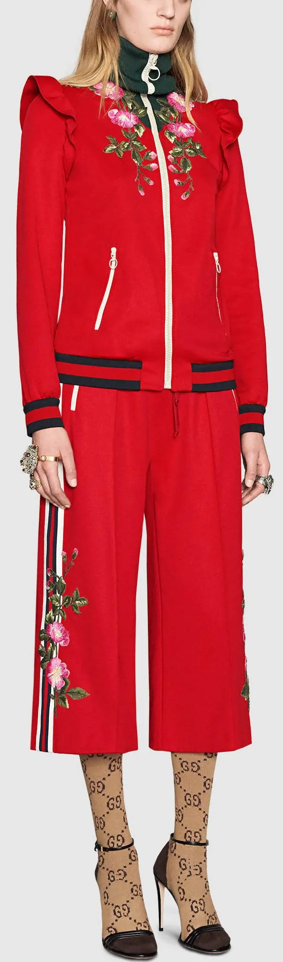 Embroidered Technical Jersey Jacket and Embroidered Wide Leg Jogging Pants, Red