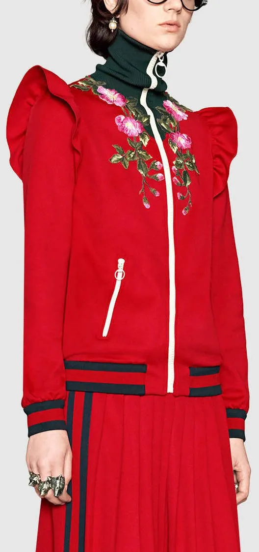 Embroidered Technical Jersey Jacket and Embroidered Wide Leg Jogging Pants, Red