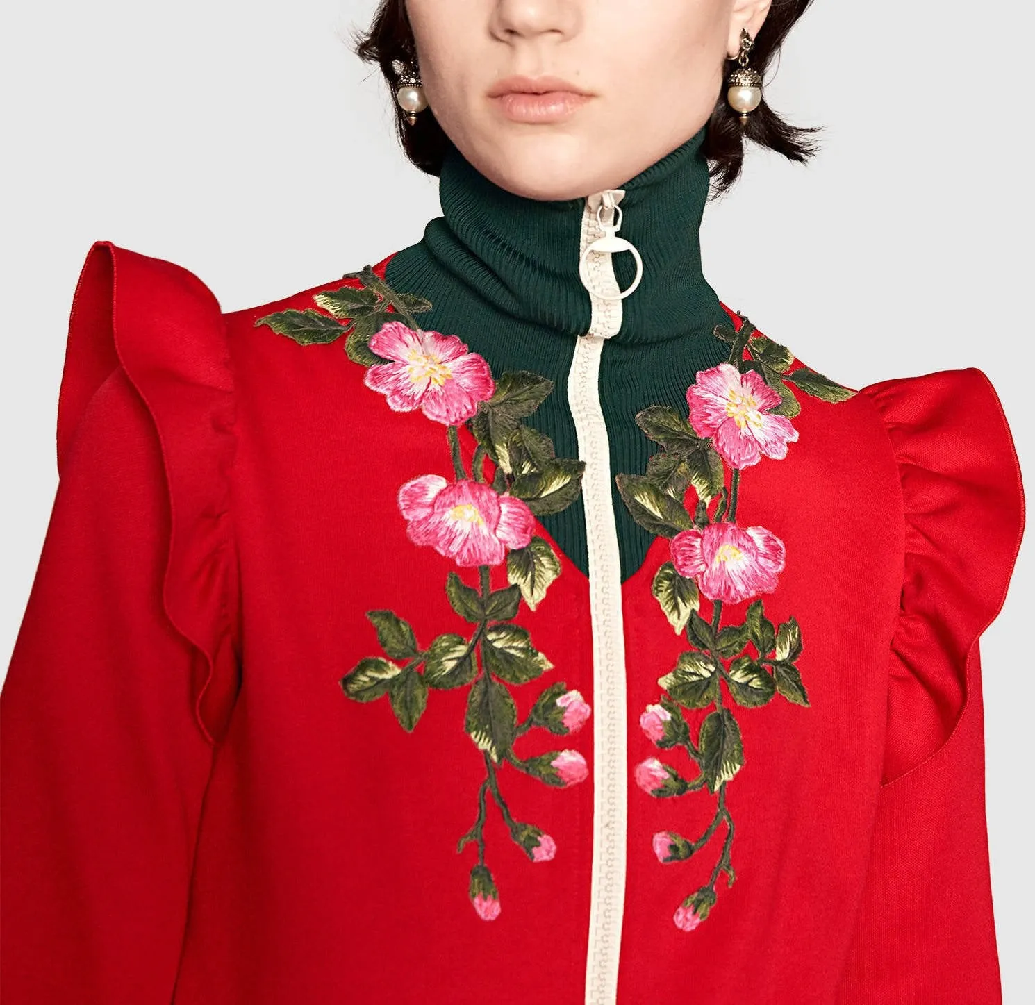 Embroidered Technical Jersey Jacket and Embroidered Wide Leg Jogging Pants, Red
