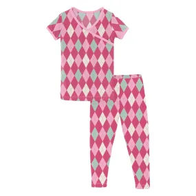 Flamingo Argyle Print Short Sleeve Kimono Pajama Set - Select Size