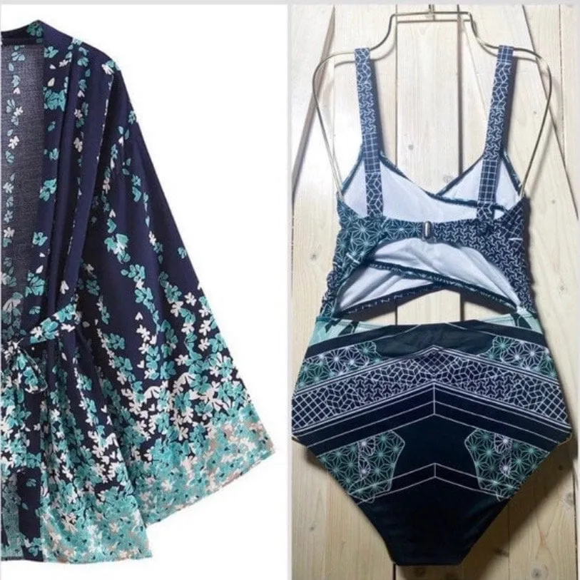 Floral Marina Kimono Robe Resort Chic navy blue aqua flowers Boho beach cover up swim bath pool wrap women turquoise taupe 3/4 short M XL