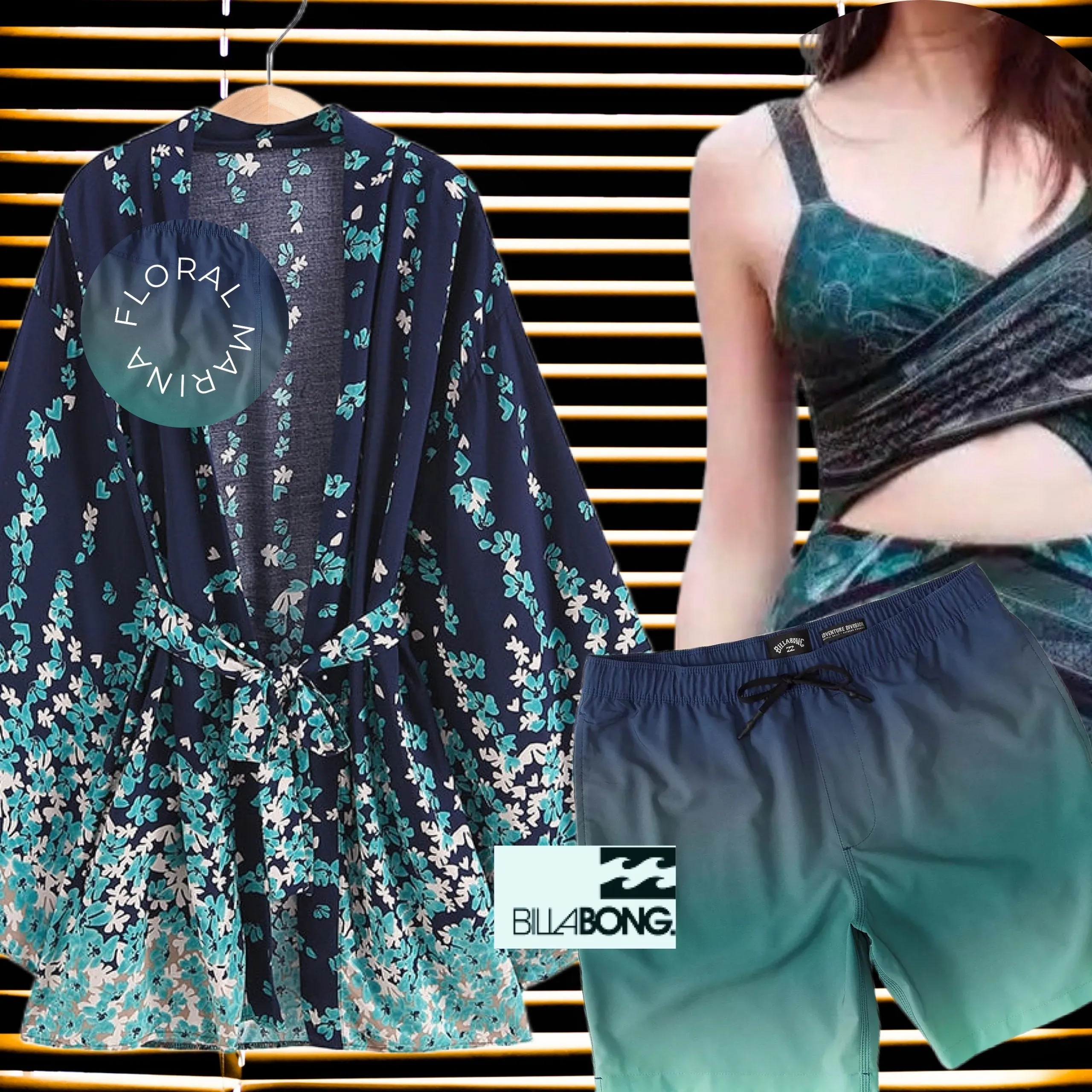 Floral Marina Kimono Robe Resort Chic navy blue aqua flowers Boho beach cover up swim bath pool wrap women turquoise taupe 3/4 short M XL