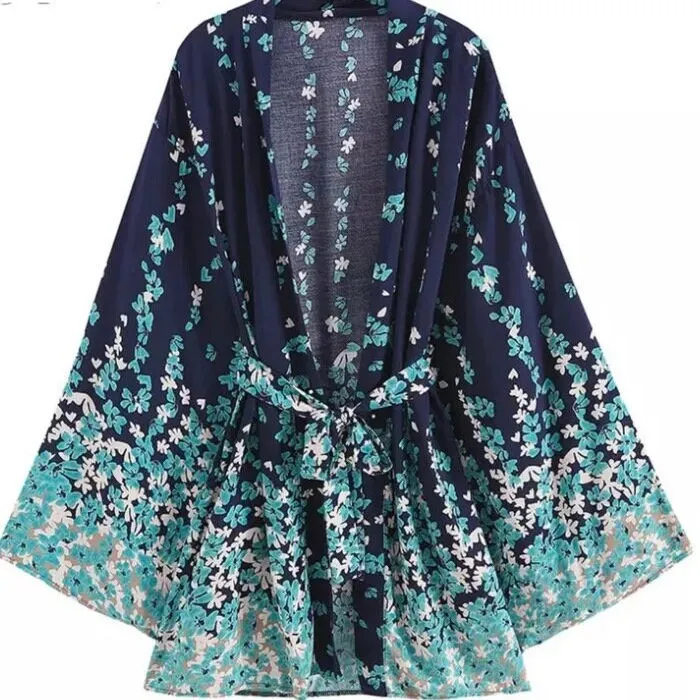 Floral Marina Kimono Robe Resort Chic navy blue aqua flowers Boho beach cover up swim bath pool wrap women turquoise taupe 3/4 short M XL