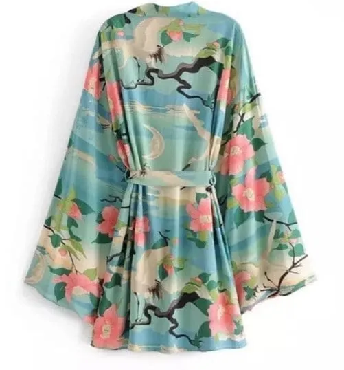 Floral Marina Kimono Robe Resort Chic navy blue aqua flowers Boho beach cover up swim bath pool wrap women turquoise taupe 3/4 short M XL