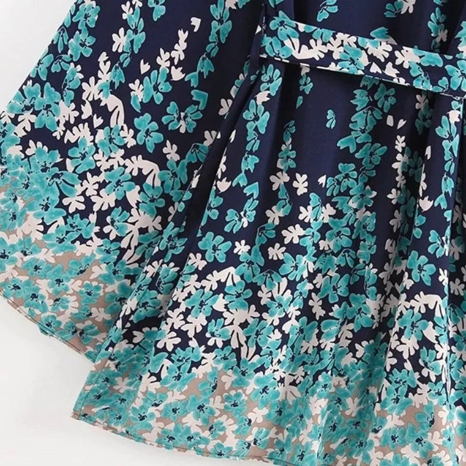 Floral Marina Kimono Robe Resort Chic navy blue aqua flowers Boho beach cover up swim bath pool wrap women turquoise taupe 3/4 short M XL
