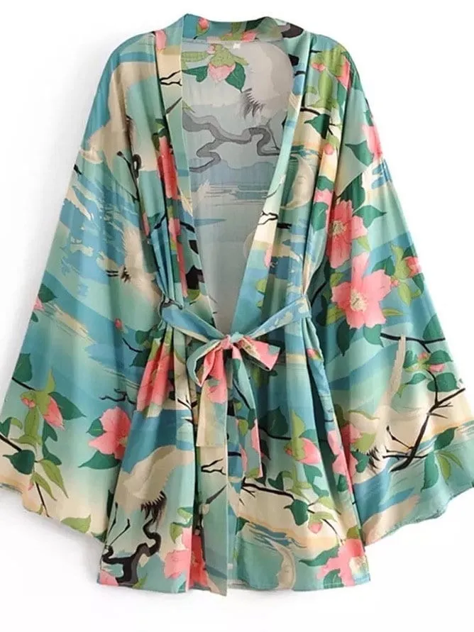 Floral Marina Kimono Robe Resort Chic navy blue aqua flowers Boho beach cover up swim bath pool wrap women turquoise taupe 3/4 short M XL