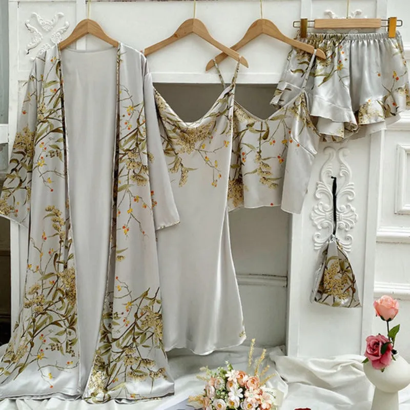 Four Pieces Pajamas Set Floral Print Kimono Bathrobe Gown