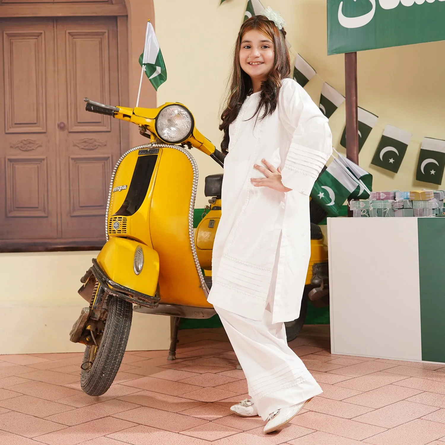Girls Cotton Poplin IND 2Pcs Suit White Pearl