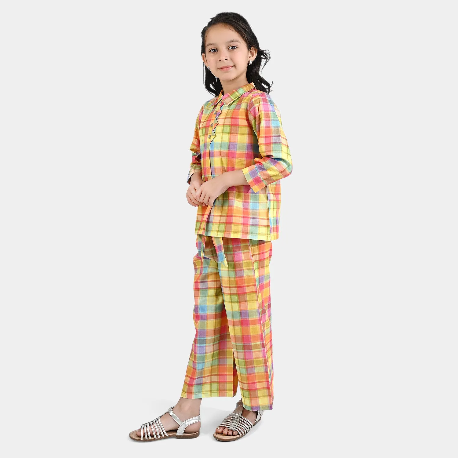 Girls Cotton Viscose Co-ord Set Checkered-Multi