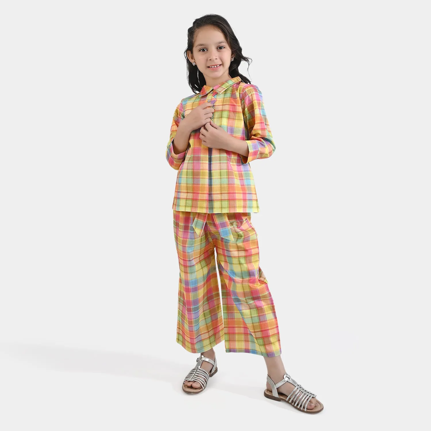 Girls Cotton Viscose Co-ord Set Checkered-Multi