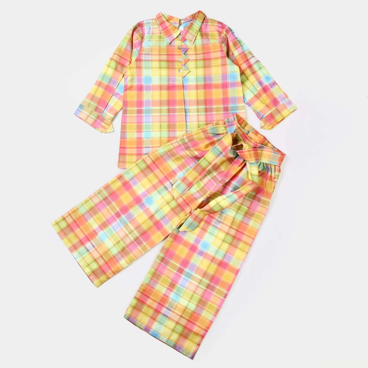 Girls Cotton Viscose Co-ord Set Checkered-Multi
