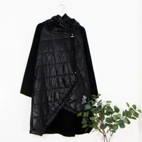 Hooded high low parka jacket with padded elements and off centre zip