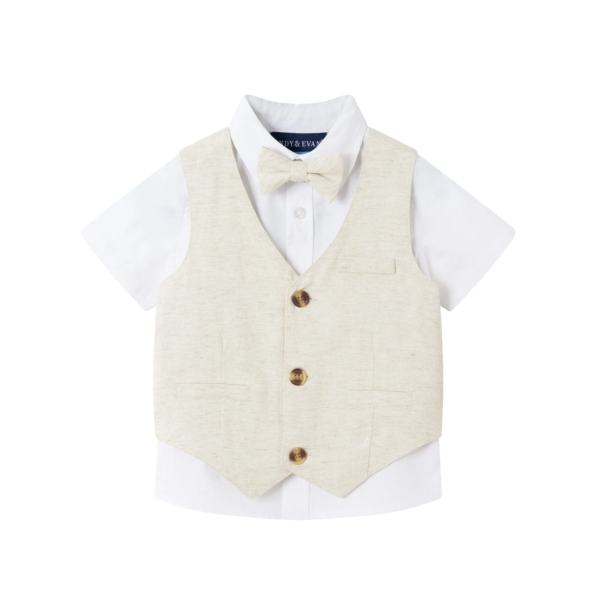 Infant (0-24M) Short Sleeve Buttondown Bowtie Vest Set | Beige