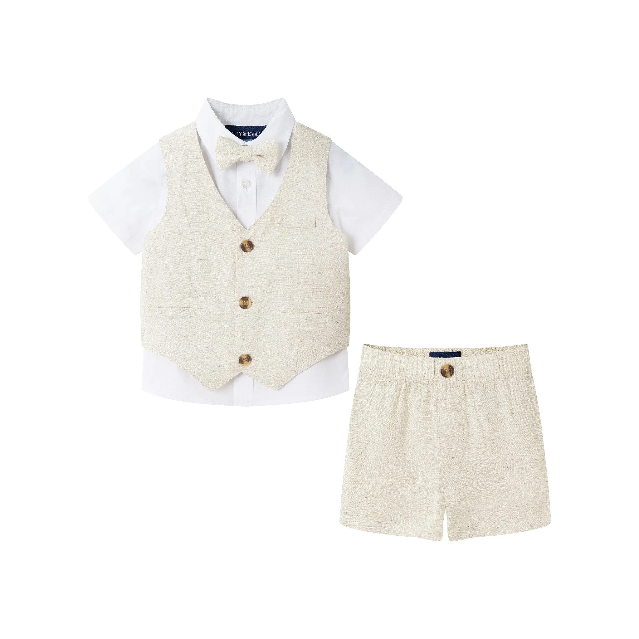 Infant (0-24M) Short Sleeve Buttondown Bowtie Vest Set | Beige