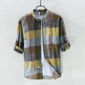 Linen Shirts Men's Casual Shirts Patchwork Long Sleeve Shirt
