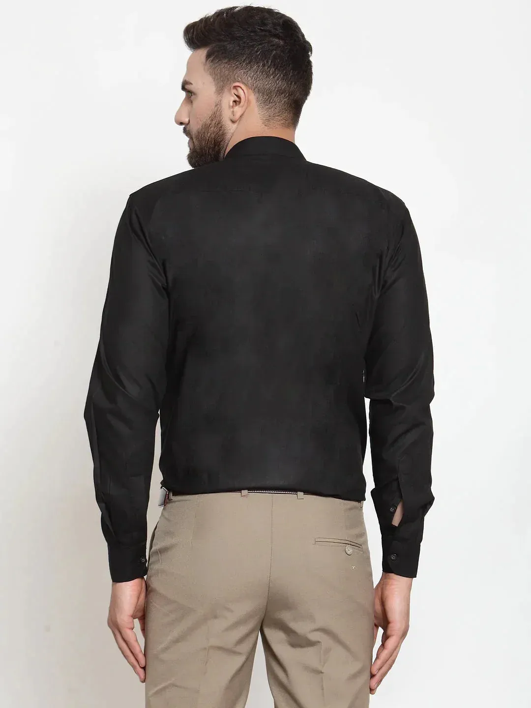 Men's Black Cotton Solid Mandarin Collar Formal Shirts - Taantav