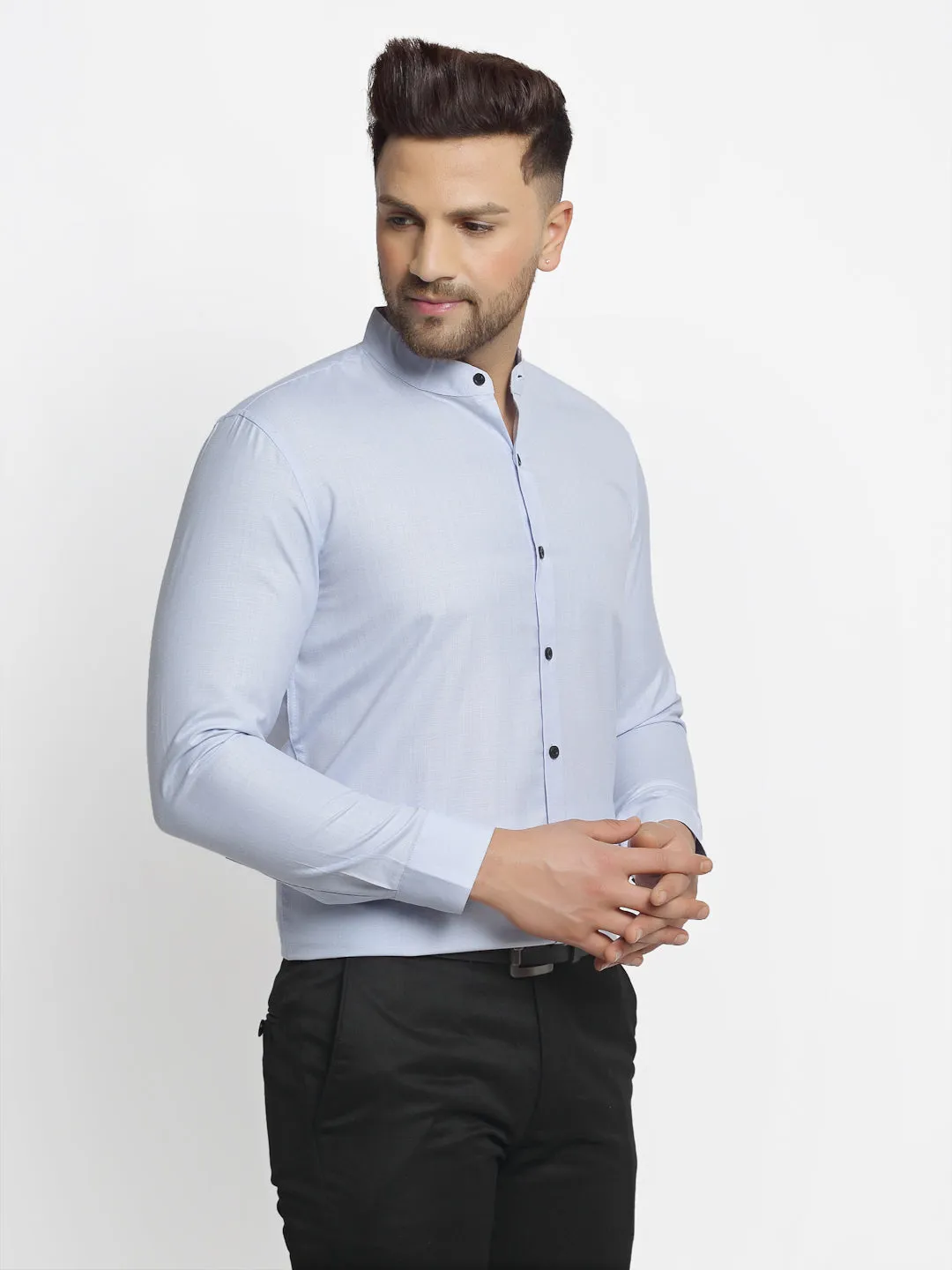 Men's Blue Cotton Solid Mandarin Collar Formal Shirts ( SF 726Sky ) - Jainish