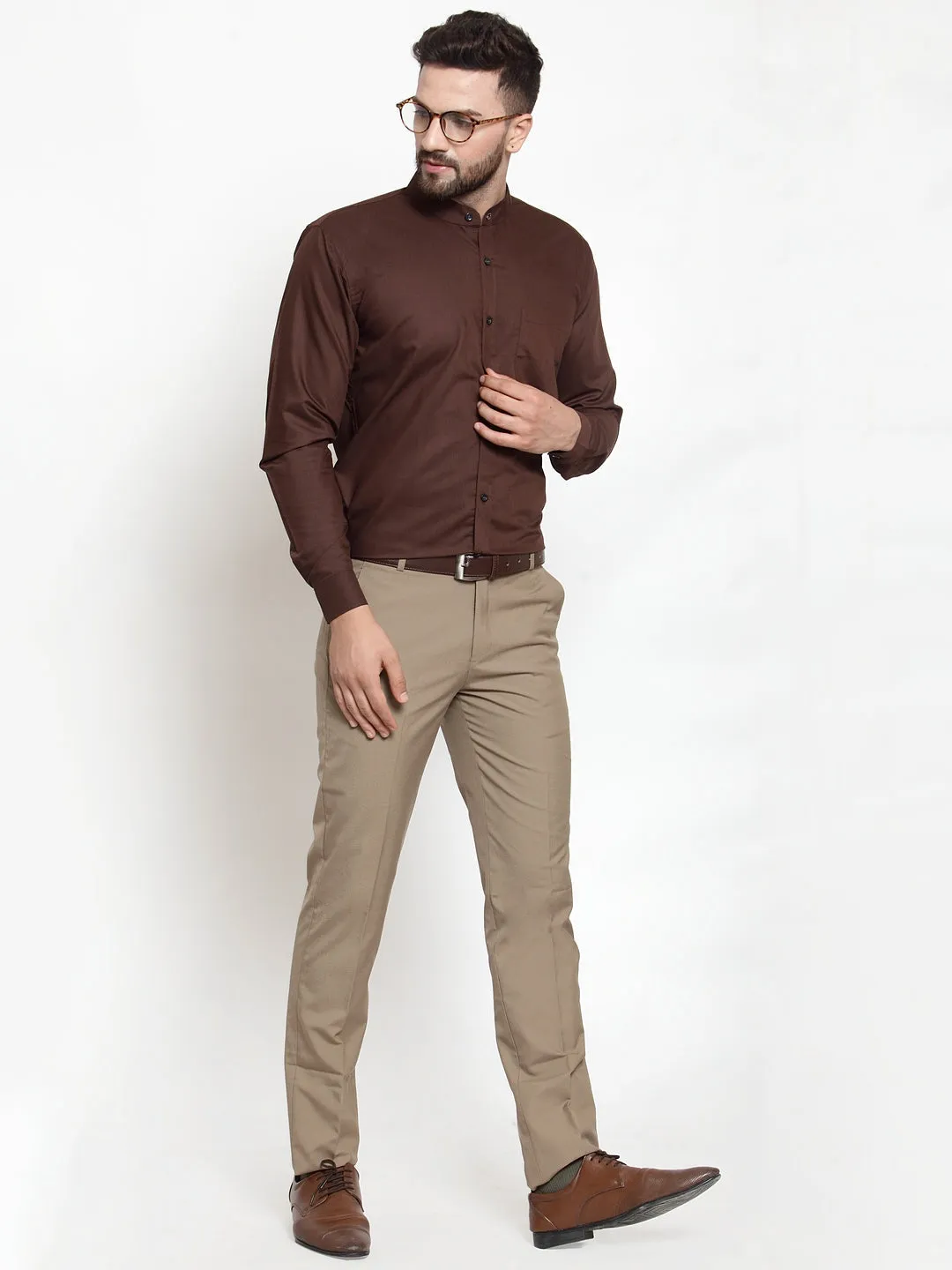 Men's Brown Cotton Solid Mandarin Collar Formal Shirts ( SF 726Coffee ) - Jainish