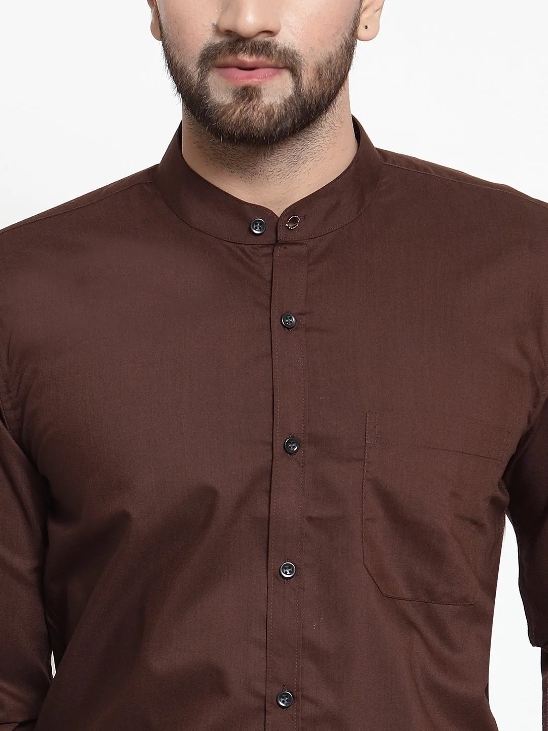 Men's Brown Cotton Solid Mandarin Collar Formal Shirts ( SF 726Coffee ) - Jainish