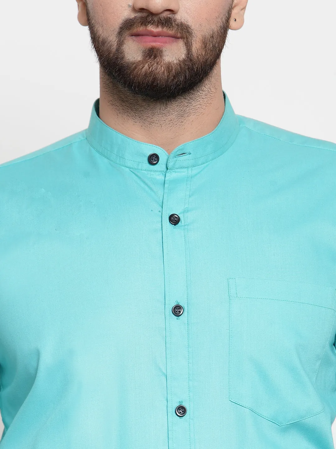 Men's Green Cotton Solid Mandarin Collar Formal Shirts ( SF 726Aqua ) - Jainish