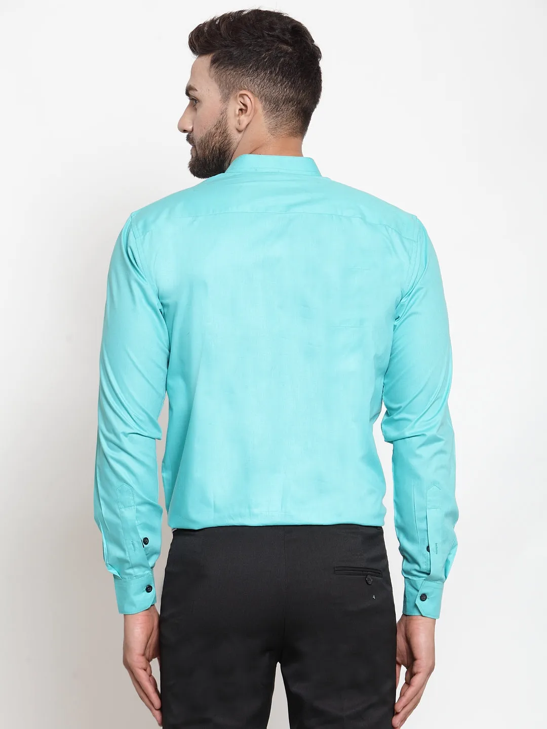 Men's Green Cotton Solid Mandarin Collar Formal Shirts ( SF 726Aqua ) - Jainish