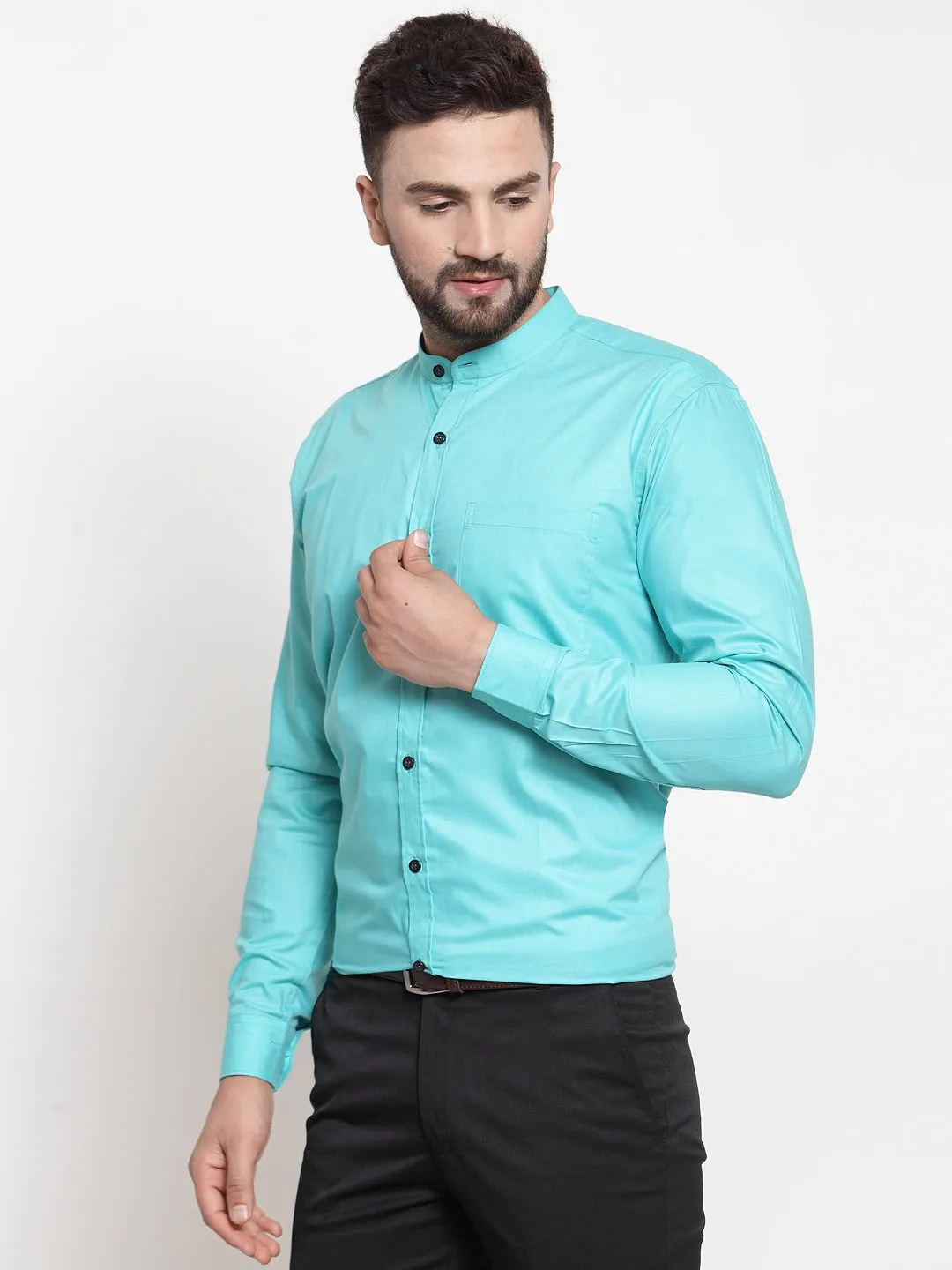 Men's Green Cotton Solid Mandarin Collar Formal Shirts ( SF 726Aqua ) - Jainish