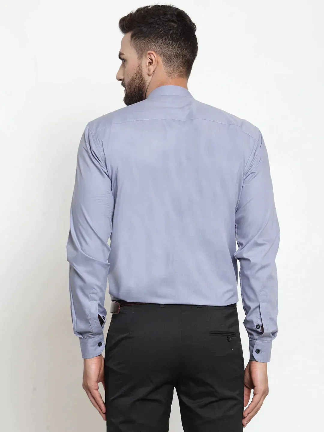 Men's Grey Cotton Solid Mandarin Collar Formal Shirts - Taantav